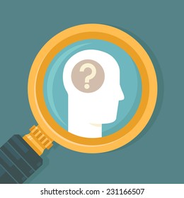 Vector psychology concept in flat style - human brain icon and magnifier