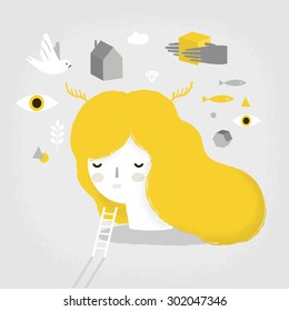 Vector psychology illustration of dreaming girl. 