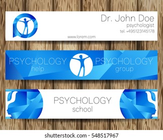Vector Psychology Web banner design background or header Templates. Psi logo. Symbol and icon, logotype. Profile Human. Creative style. Brand company concept. Blue color. Tree