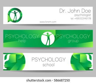 Vector Psychology Web banner design background or header Templates. Symbol and icon. Profile Human. Creative style. Brand company concept. Green color. Logo, logotype.