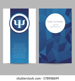 Vector Psychology Web banner with logo design background or header Templates. Psi sign. Symbol and icon, icon. Profile Human. Creative style. Brand company concept. Blue color book, booklet, logotype 