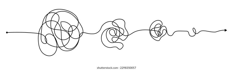 Vector psychotherapy complex chaos mess and order path. Messy drawn sketch purpose simple ball concept scribble. Chaos knot line psychotherapy continuous vector illustration art.