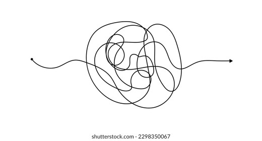 Vector psychotherapy complex chaos mess and order path. Messy drawn sketch purpose simple ball concept scribble. Chaos knot line psychotherapy continuous vector illustration art.