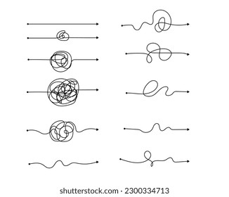 Vector psychotherapy complex chaos mess and order path. Messy drawn sketch purpose simple ball concept scribble. Chaos knot line psychotherapy continuous vector illustration art.