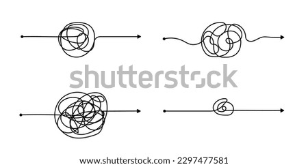 Vector psychotherapy complex chaos mess and order path. Messy drawn sketch purpose simple ball concept scribble. Chaos knot line psychotherapy continuous vector illustration art.
