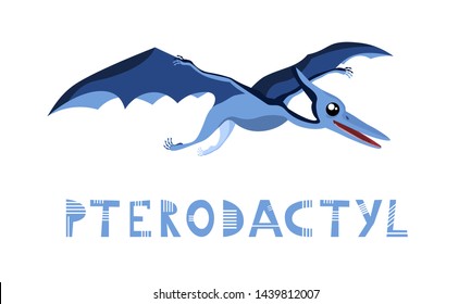 Vector pterodactyl poster, vector card, cute hand drawn poster with pterodactyl, vector illustration pterodactyl in scandinavian style, poster for kids, print 