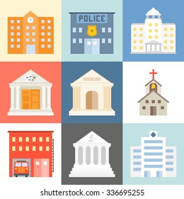 Vector Public Building Icons Set, Flat Design