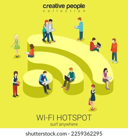 vector public free wi-fi hotspot zone wireless connection flat isometric concept, people surfing internet on wifi shaped podium illustration