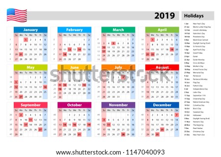 Vector Public Holidays USA Calendar 2019 Stock Vector 