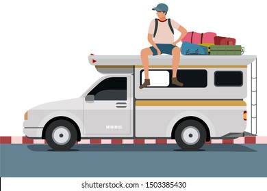 vector of public white minibus taxi trasportation with travelr sitting on the roof of the minibus 