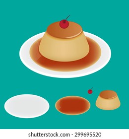 vector pudding with red cherry on white dish. isolated object.