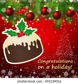 Vector puding New Year design background. Template card whit red Christmas balls on the green branches. Silhouette of a Christmas tree made of stars. Falling snow.  Holiday illustration.

