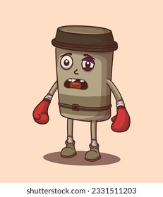 Vector puffy face lose boxing with coffee cup illustration of cute character
