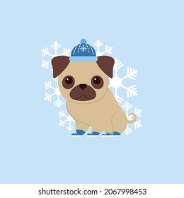 vector pug on the street in winter. flat image of a pug dressed in a hat and boots. puppy in winter clothes on the street