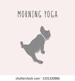 Vector pug in split morning yoga exersises. Cartoon character decoration. Doodle dog doing sport. Hand drawn kids nursery poster with typography text