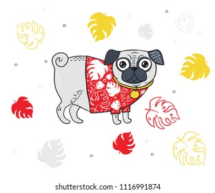 Vector pug wearing red hawaiian shirt. Hand draw colorful pug on the background jungle leaves. Illustration with cute dog for kids. Summer illustration with lovely pug