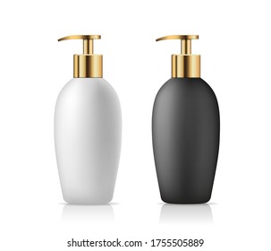Vector Pump bottle black and white with golden cap products template collection design on gray background, llustration