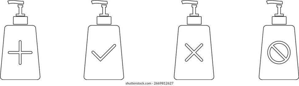 Vector pump dispenser bottle icons with plus, check, cross, and prohibition symbols in solid and outline style, perfect for hygiene, cosmetic packaging, healthcare, and cleaning design use.
