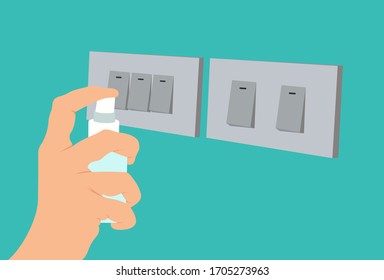 Vector Pumping alcohol gel spray manually to clean the light transfer before using the room during the day from voids or corona viruses. people guard the life of the concept of the corona virus.