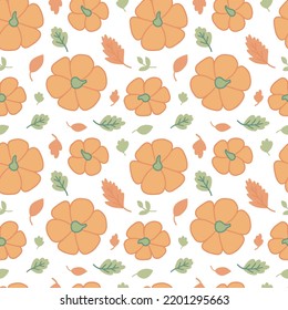 Calabaza vectora y hojas de otoño sin costura. Fondo de otoño dibujado a mano con vista superior de calabazas.