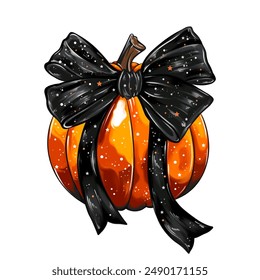 Vector pumpkin with a black bow. Fashion Halloween party decor. Modern style pumpkin clip art. 