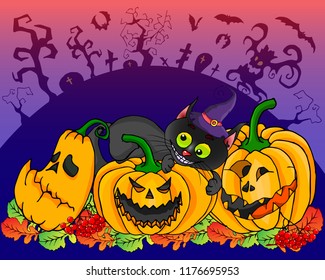 Vector pumpkin with black cat on Halloween