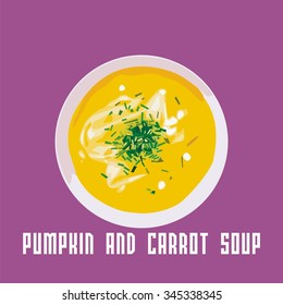 vector pumpkin and carrot soup in a white plate. Vector illustration
