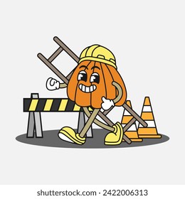 vector pumpkin character worker wearing helmet and carrying tools, ladder, cute, cartoon, industrial