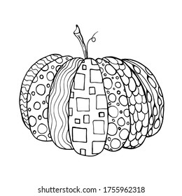 Vector pumpkin coloring book sheet. Black and white Halloween object with geometrical elements. Hand-drawn monochrome sketch of an autumn element in doodle style.