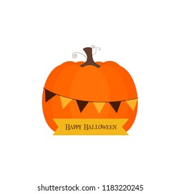 Vector of a pumpkin decorated with garlands and a banner that says Happy Halloween.