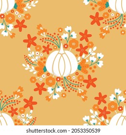 Vector Pumpkin with Folklore Florals in Warm Fall Colors seamless pattern background. Perfect for fabric, wallpaper and scrapbooking projects.