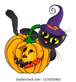 Vector pumpkin for Halloween. On the pumpkin sits a black cat in a hat.