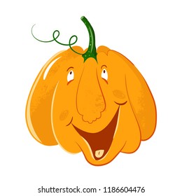 vector pumpkin head portrait with happy emotions for celebration of halloween. pumpkin laughs, smiles, laughs. live pumpkin character.