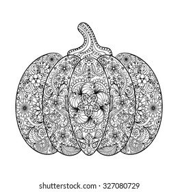 Vector Pumpkin illustration, Hand drawn vegetable in zentangle style, tribal totem for tattoo, adult Coloring Page with high details isolated on white background.
