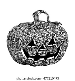 Vector Pumpkin illustration, Hand drawn Halloween vegetable in zentangle style, tribal totem for tattoo.Ornate Halloween Decoration