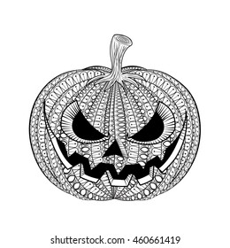 Vector Pumpkin iPumkin with Smile, Hand drawn in zentangle style, tribal totem for tattoo, adult Coloring Page with high details isolated on white background.