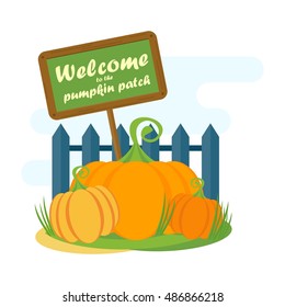 Vector Pumpkin Patch Near Fence With Pointer. Template Logo For Postcards, Flyers. Design Elements For Advertising And Media. Flat Cartoon Illustration. Objects Isolated On White Background.