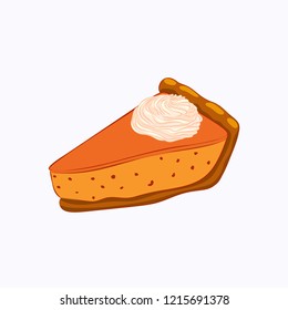 Vector pumpkin pie with whipped cream isolated on the white background. Sweet fall dessert