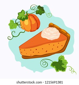 Vector pumpkin pie with whipped cream and rape pumpkin with leaves. Sweet fall dessert