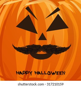 Vector pumpkin portrait with mustache for Halloween on background.