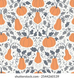 vector pumpkin repeating background. autumn harvest symbols seamless pattern. 