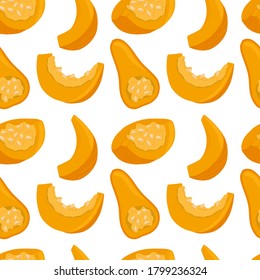 Vector pumpkin seamless pattern in cartoon style. Bright squash vegetables isolated on white background. Healthy organic squash and pumpkin slices for autumn farm market design.