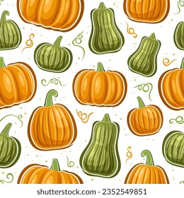 Vector Pumpkin Seamless Pattern, square repeat background with cut out illustrations of ripe whole variety pumpkins and kabocha, twisted stalk for wrapping paper, group of flying flat lay raw pumpkins