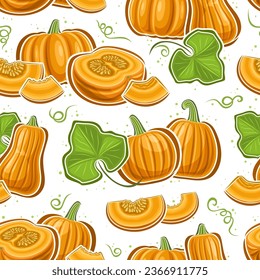 Vector Pumpkin Seamless Pattern, square repeat background with illustrations of ripe pumpkin still life compositions with green leaves for wrapping paper, group of flying flat lay juicy pumpkins parts