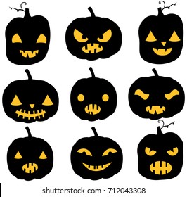 Vector pumpkin silhouettes in black color with yellow eyes and mouths - different expressions for Halloween invitations and backgrounds