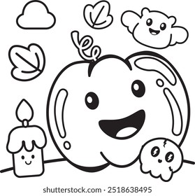 VECTOR OF PUMPKIN, SKULL AND CANDLE. SUITABLE FOR HALLOWEEN THEMED COLORING PAGE