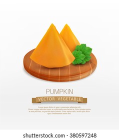 Vector pumpkin slices lying on a wooden cutting board isolated on white background