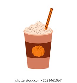 Vector pumpkin spice latte isolated on white background. Autumn coffee to go drink with whipped cream and straw