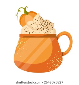 Vector pumpkin spice latte isolated on white background. Autumn coffee with whipped cream