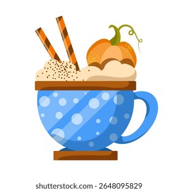 Vector pumpkin spice latte isolated on white background. Autumn coffee with whipped cream